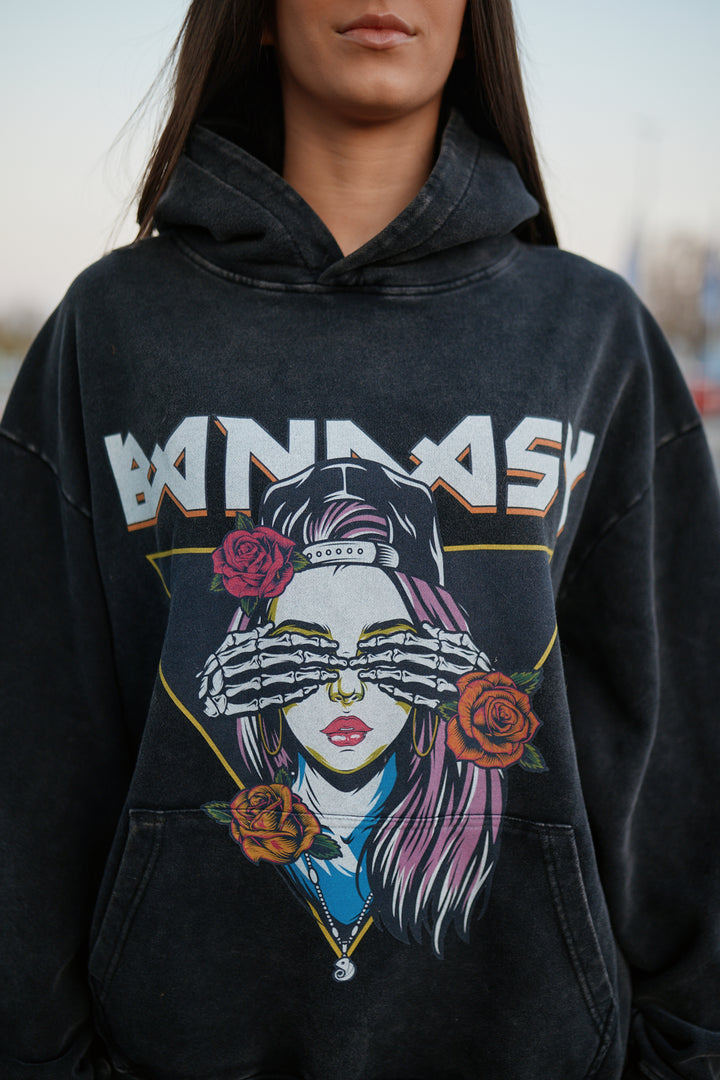 Blinded by Bandasy Oversized Hoodie in faded black, featuring a unique design with durable, long-lasting print. Perfect for casual wear or as a gym pump cover.